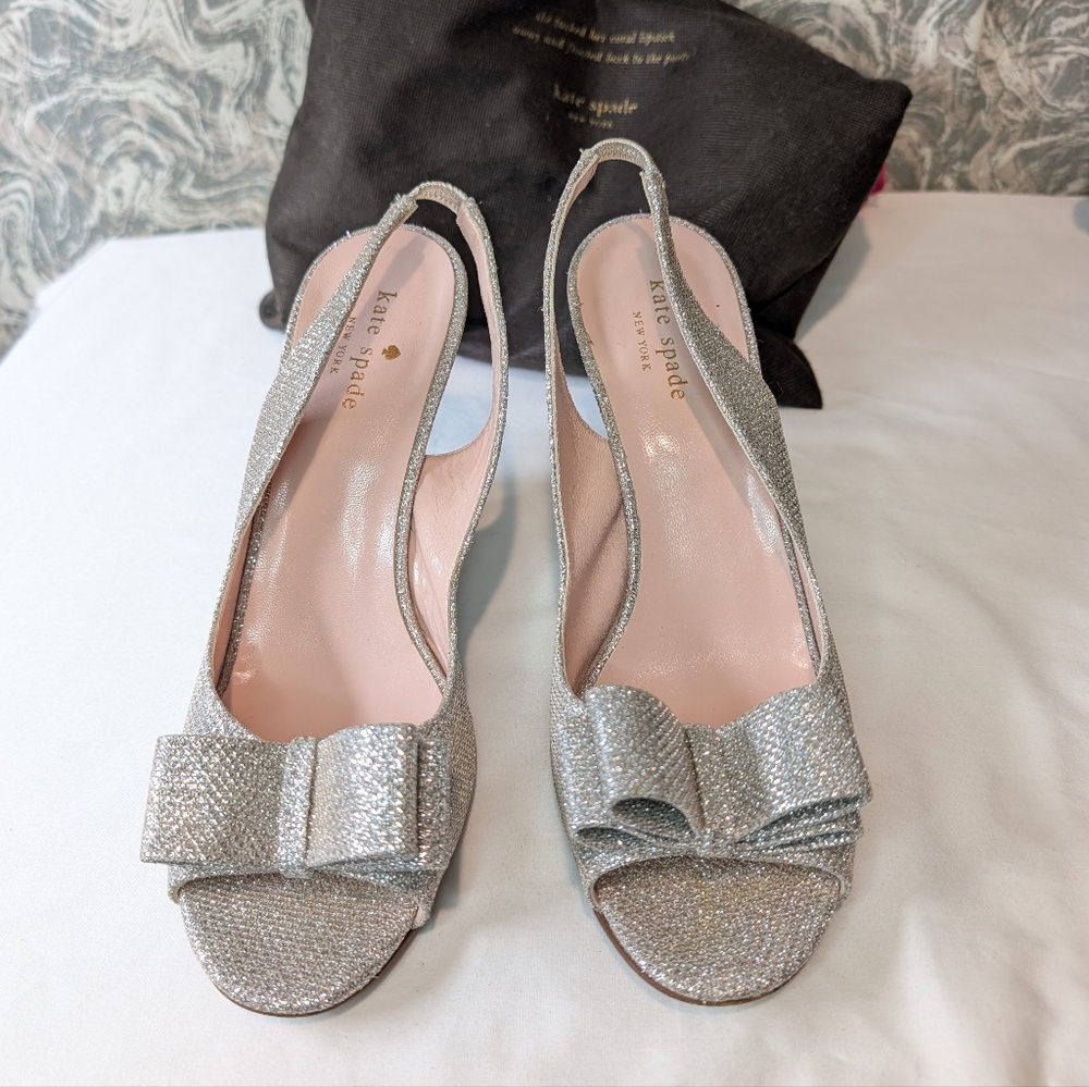 Kate Spade Glitter Bow Slingback Heels Size 8 + Dust Bag